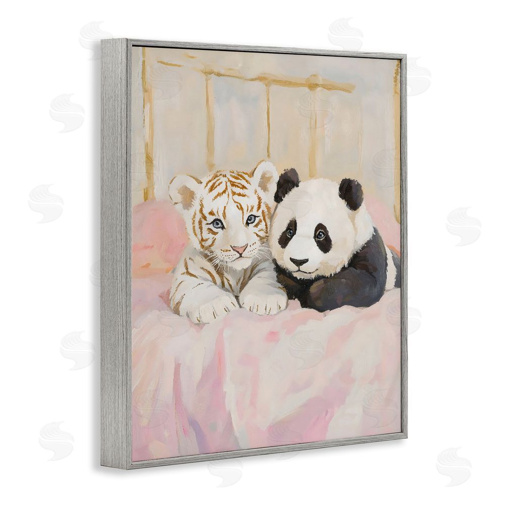 The Prints Vibe Baby Panda & Tiger Cuddles Gray Framed Giclee Wall Art Print