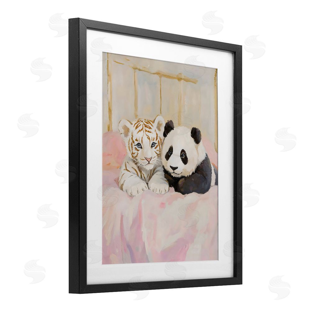 The Prints Vibe Baby Panda & Tiger Cuddles Black Framed Print Under Glass with Matting Wall Art