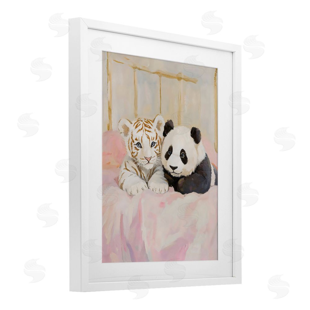The Prints Vibe Baby Panda & Tiger Cuddles White Framed Print Under Glass with Matting Wall Art