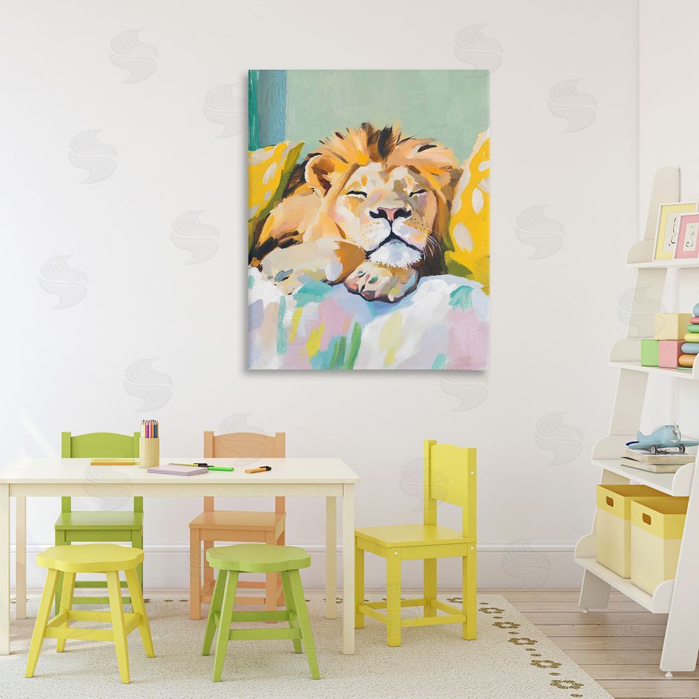 The Prints Vibe Sleeping Lion on Pastel Pillows Stretched Canvas on Wall
