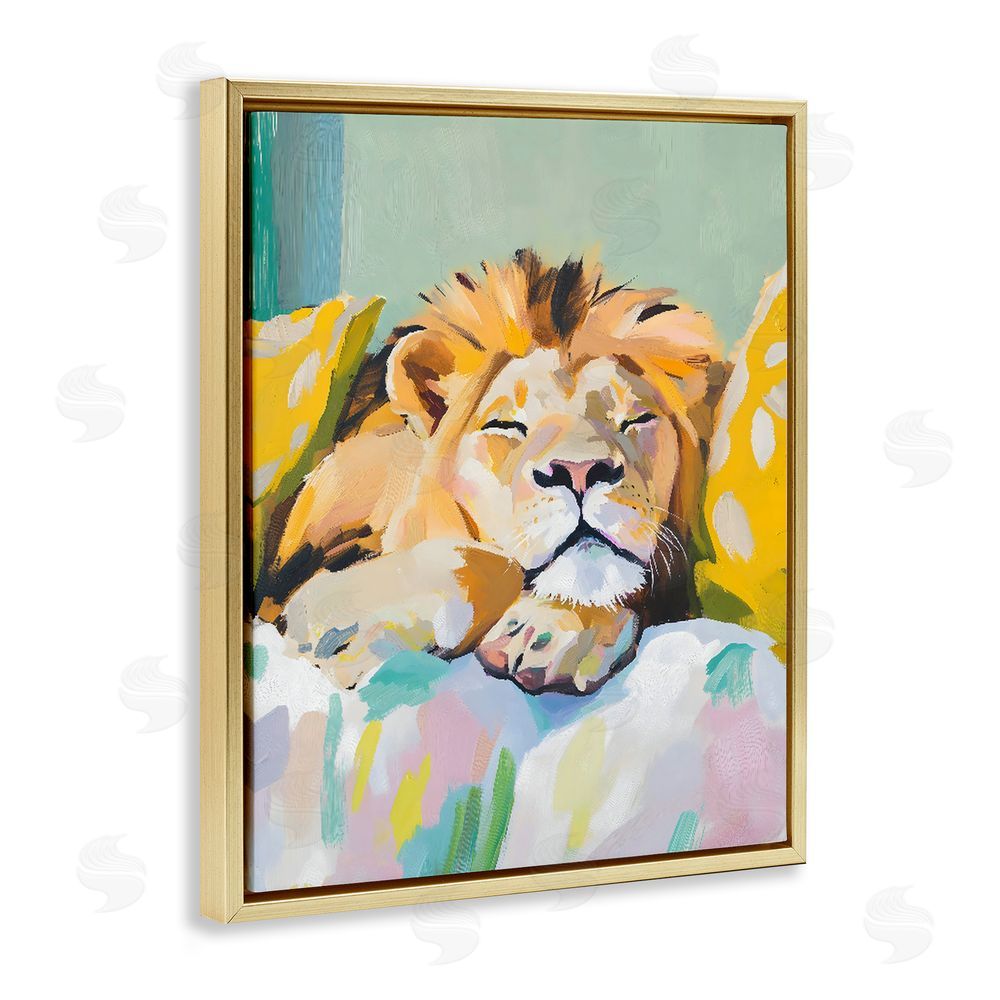 The Prints Vibe Sleeping Lion on Pastel Pillows Gold Floating Framed Canvas Wall Art Print