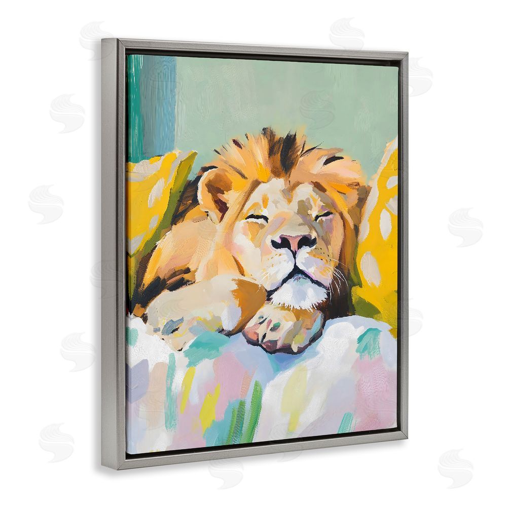 The Prints Vibe Sleeping Lion on Pastel Pillows Gray Floating Framed Canvas Wall Art Print