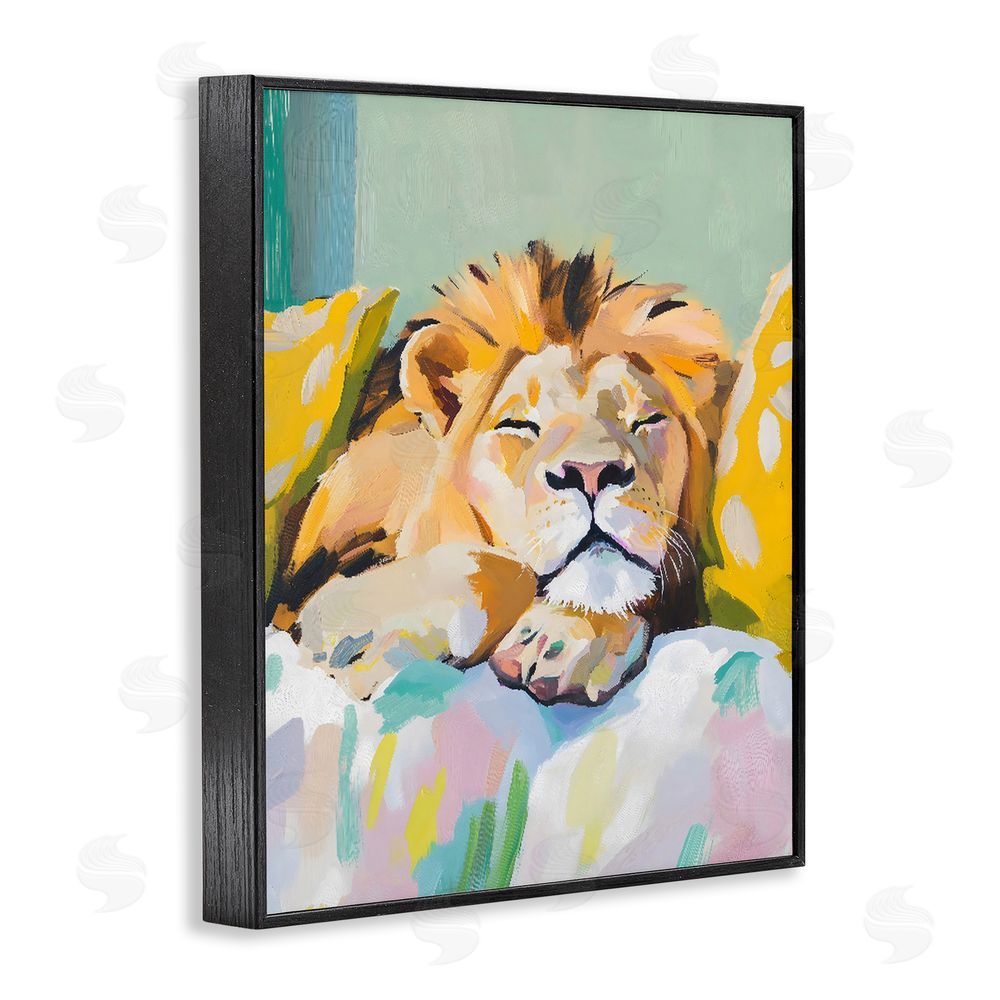 The Prints Vibe Sleeping Lion on Pastel Pillows Black Framed Giclee Wall Art Print