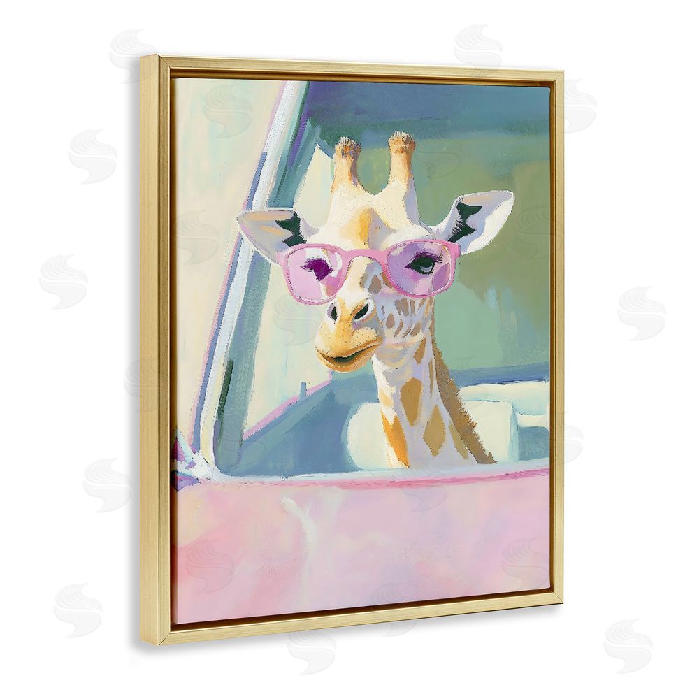 The Prints Vibe Giraffe Car Ride Gold Floating Framed Canvas Wall Art