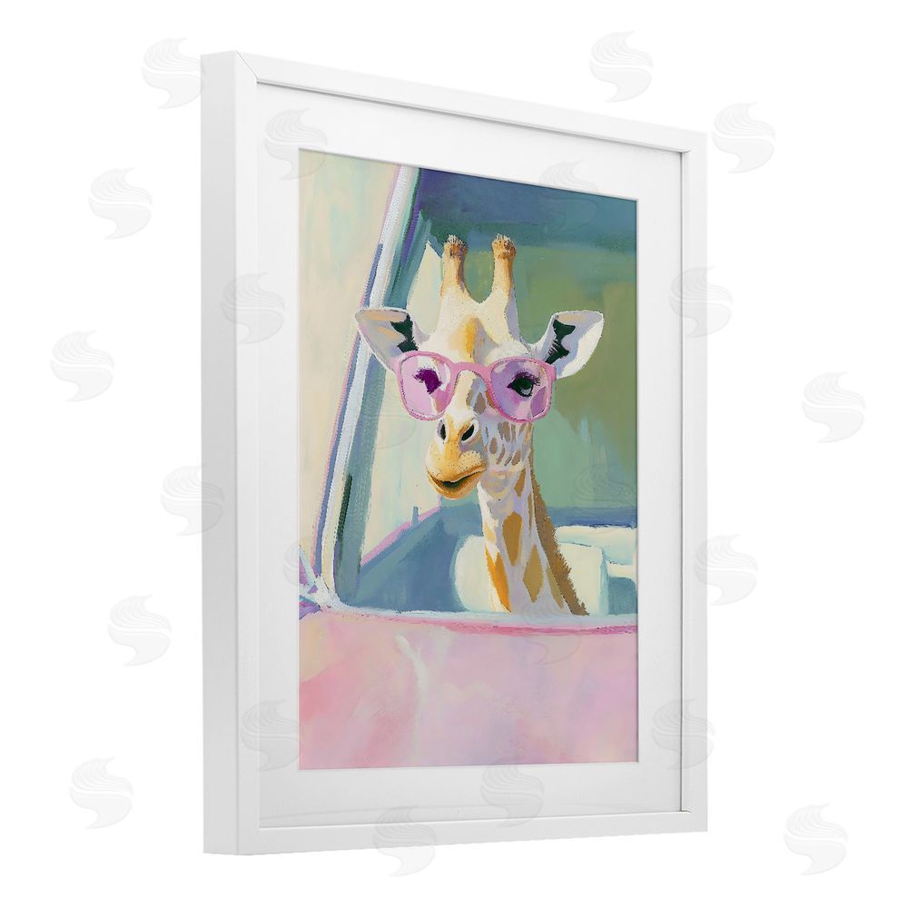 The Prints Vibe Giraffe Car Ride White Framed Print Under Glass Wall Art