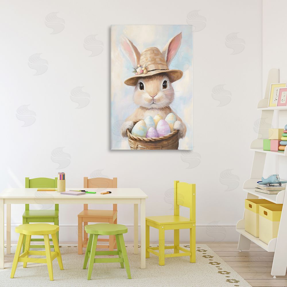 The Prints Vibe Bunny with Easter Egg Basket Stretched Canvas Wall Art Print in Room