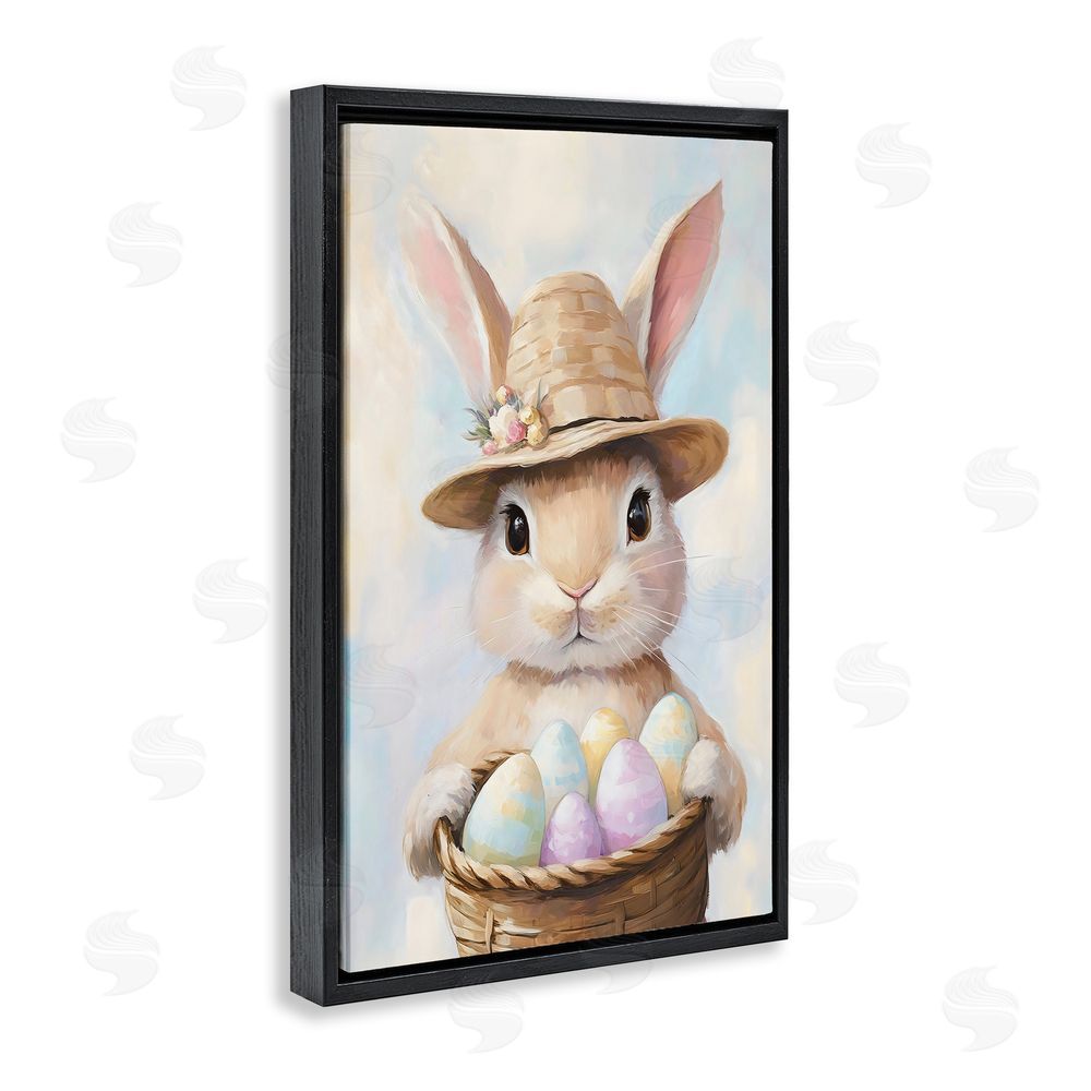 The Prints Vibe Bunny with Easter Egg Basket Black Floating Frame Stretched Canvas Wall Art Print