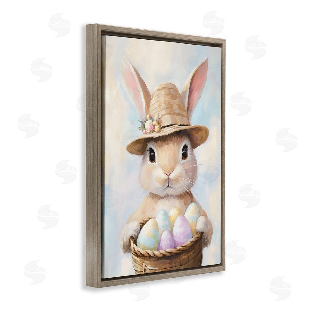 The Prints Vibe Bunny with Easter Egg Basket Brown Floating Frame Stretched Canvas Wall Art Print