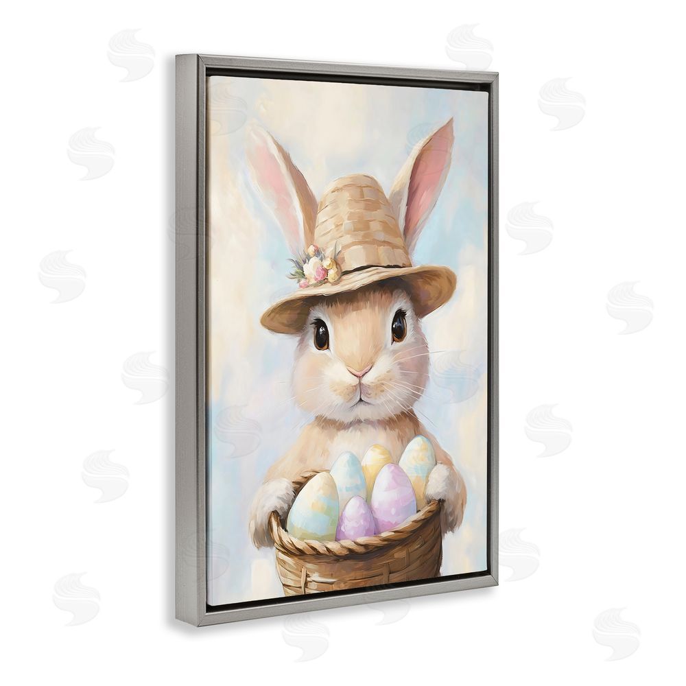 The Prints Vibe Bunny with Easter Egg Basket Gray Floating Frame Stretched Canvas Wall Art Print