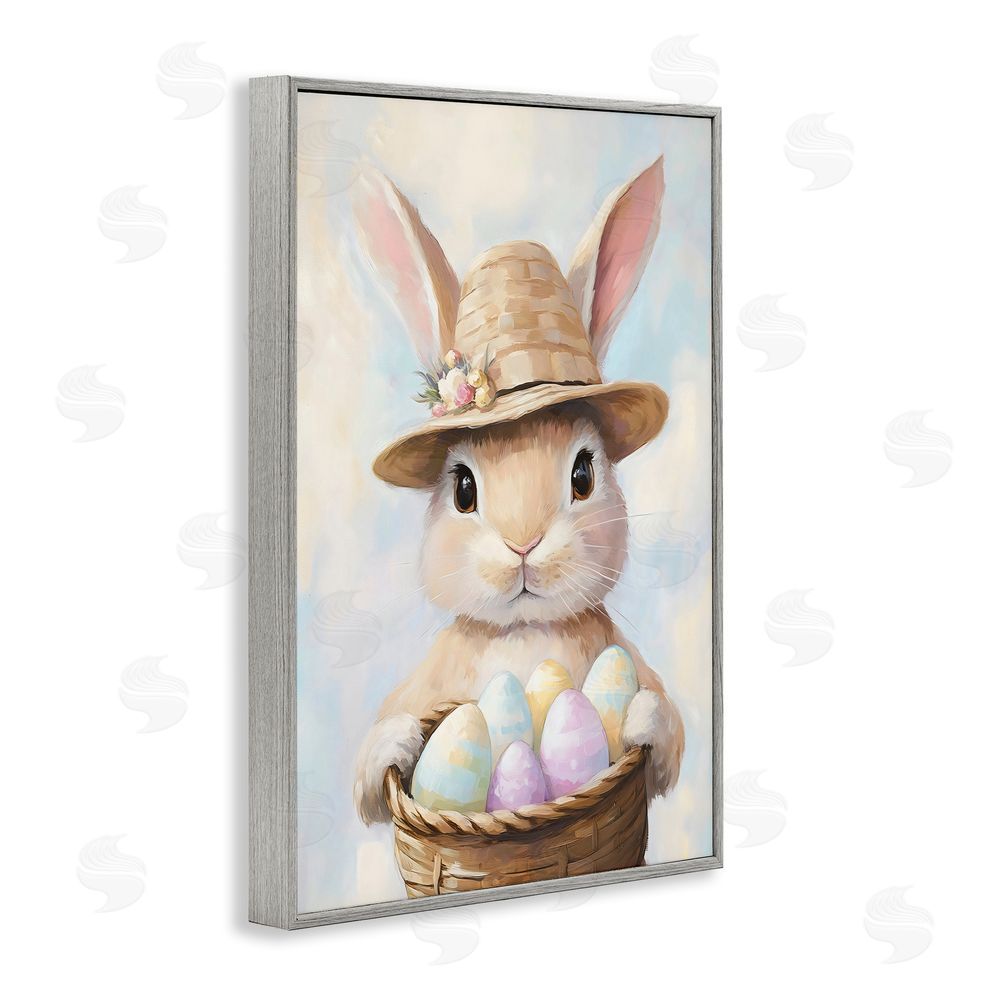 The Prints Vibe Bunny with Easter Egg Basket Gray Framed Giclee Wall Art Print