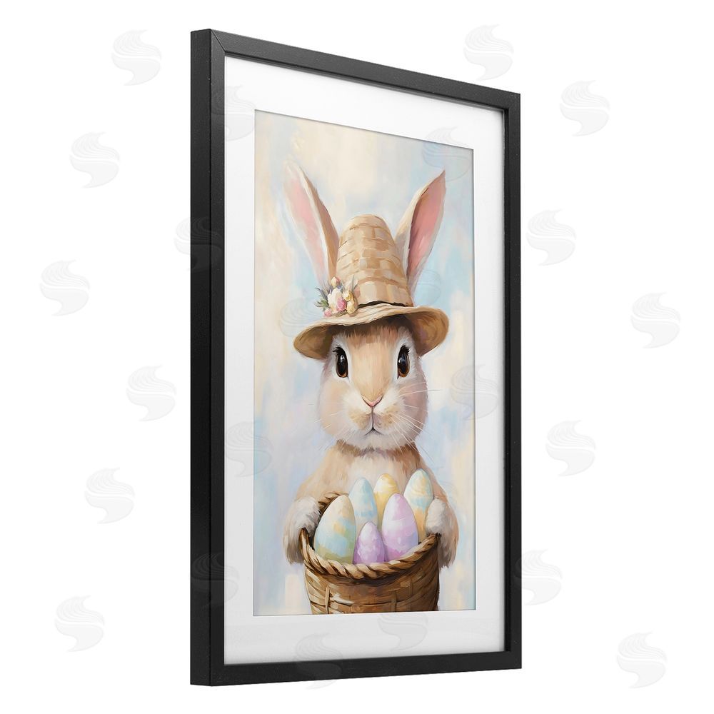 The Prints Vibe Bunny with Easter Egg Basket Black Framed Print Under Glass with Matting Wall Art
