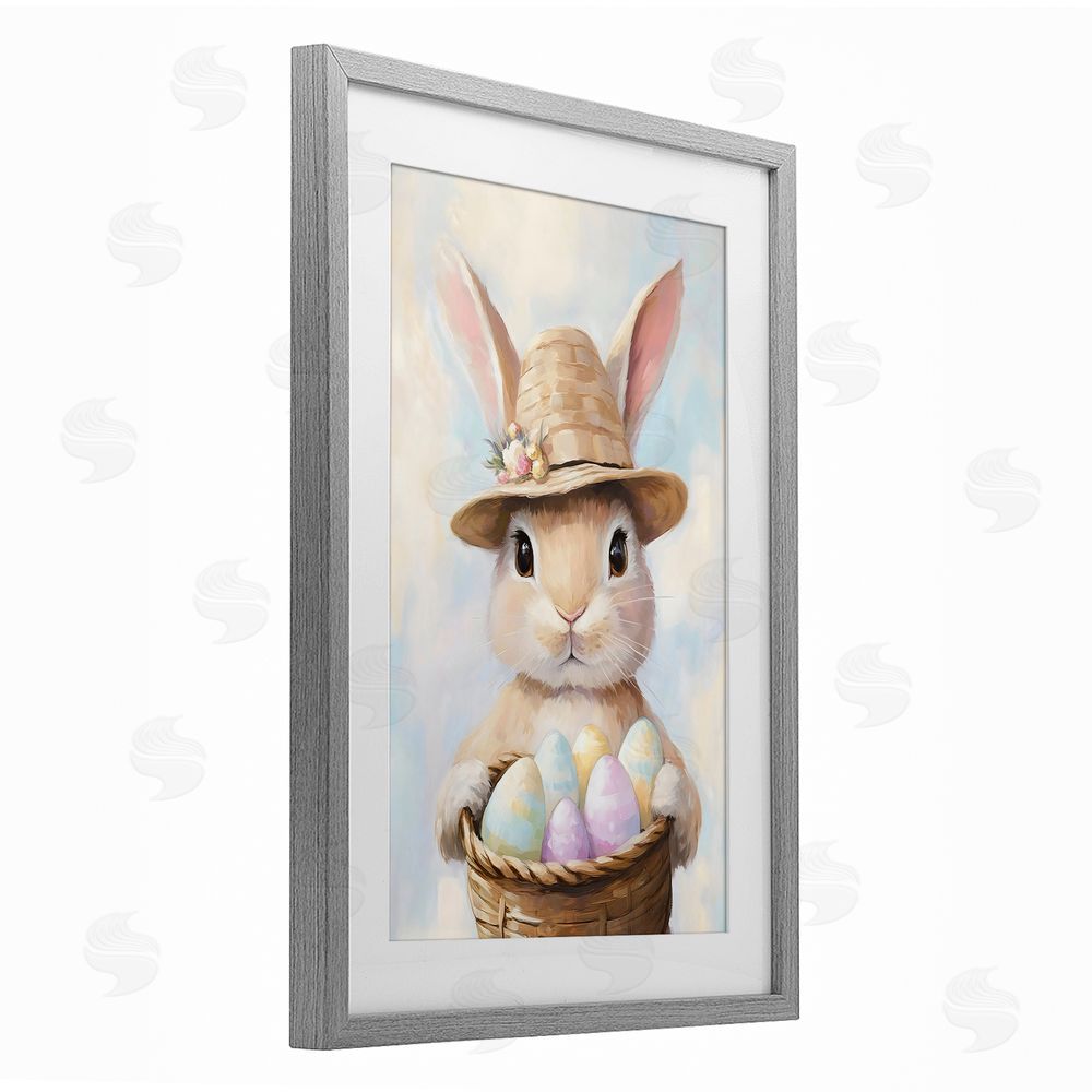 The Prints Vibe Bunny with Easter Egg Basket Gray Framed Print Under Glass with Matting Wall Art