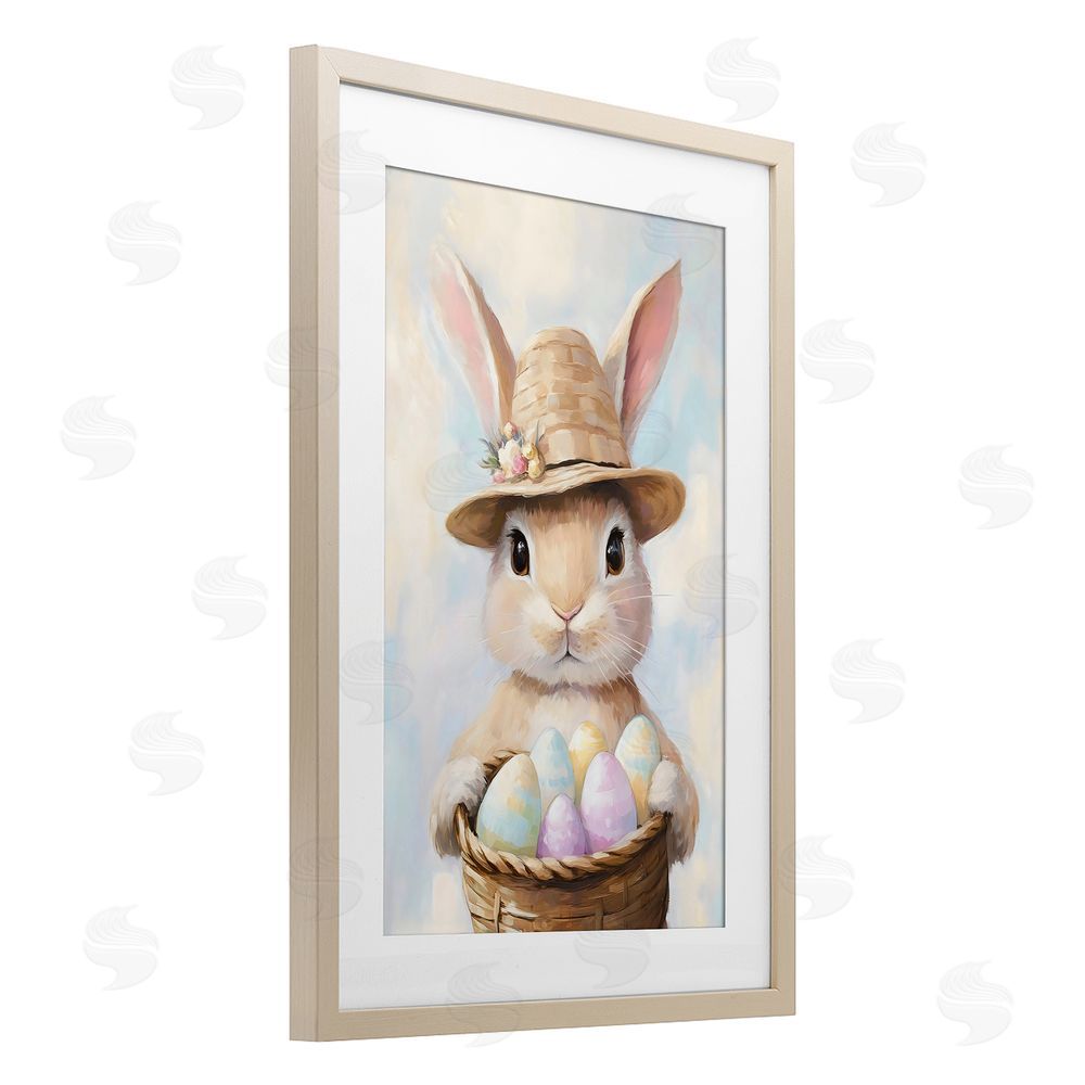 The Prints Vibe Bunny with Easter Egg Basket Brown Framed Print Under Glass with Matting Wall Art