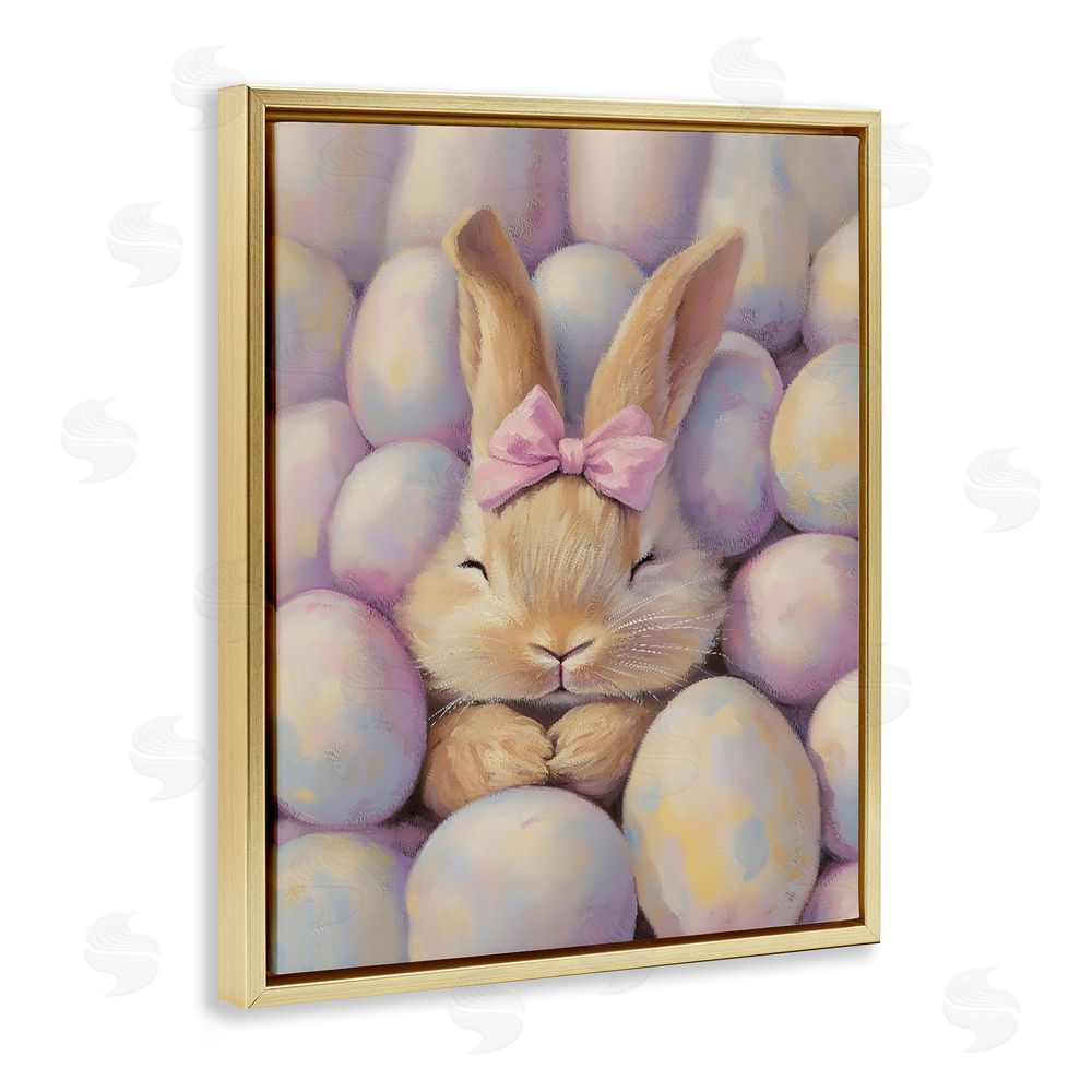 The Prints Vibe Easter Bunny Nestled in Eggs Gold Floating Frame Canvas Wall Art Print
