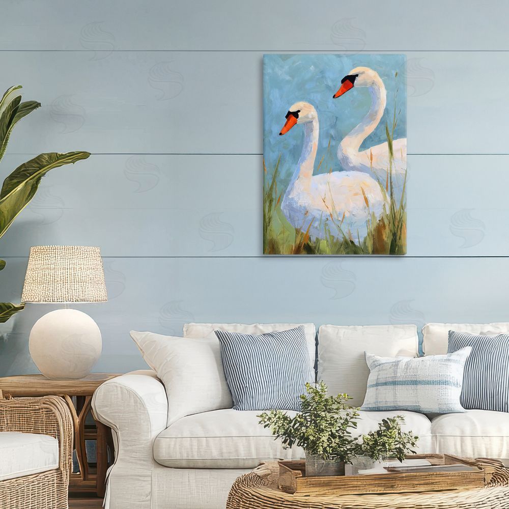 Petal Prints Design Long Necks Swan Pear Stretched Canvas Wall Art in Room