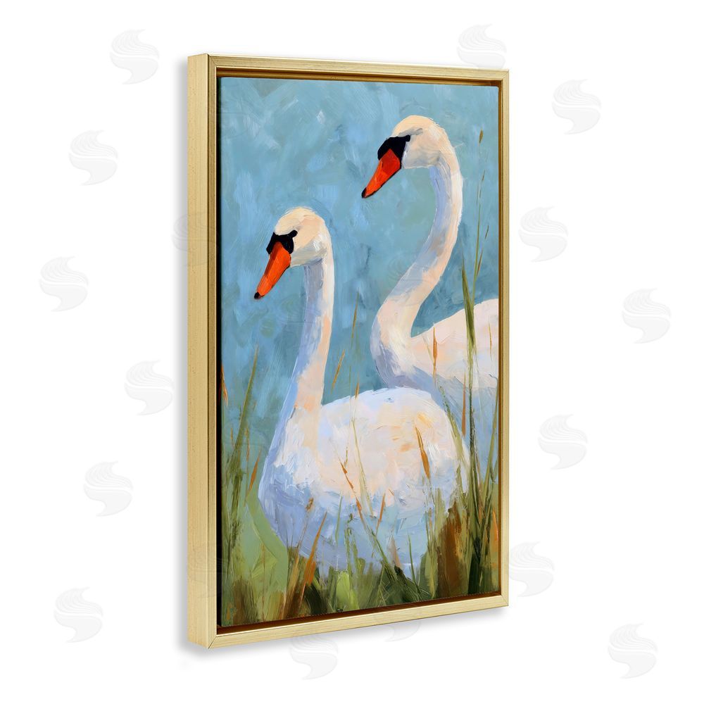 Petal Prints Design Long Necks Swan Pear Gold Floating Framed Canvas Wall Art