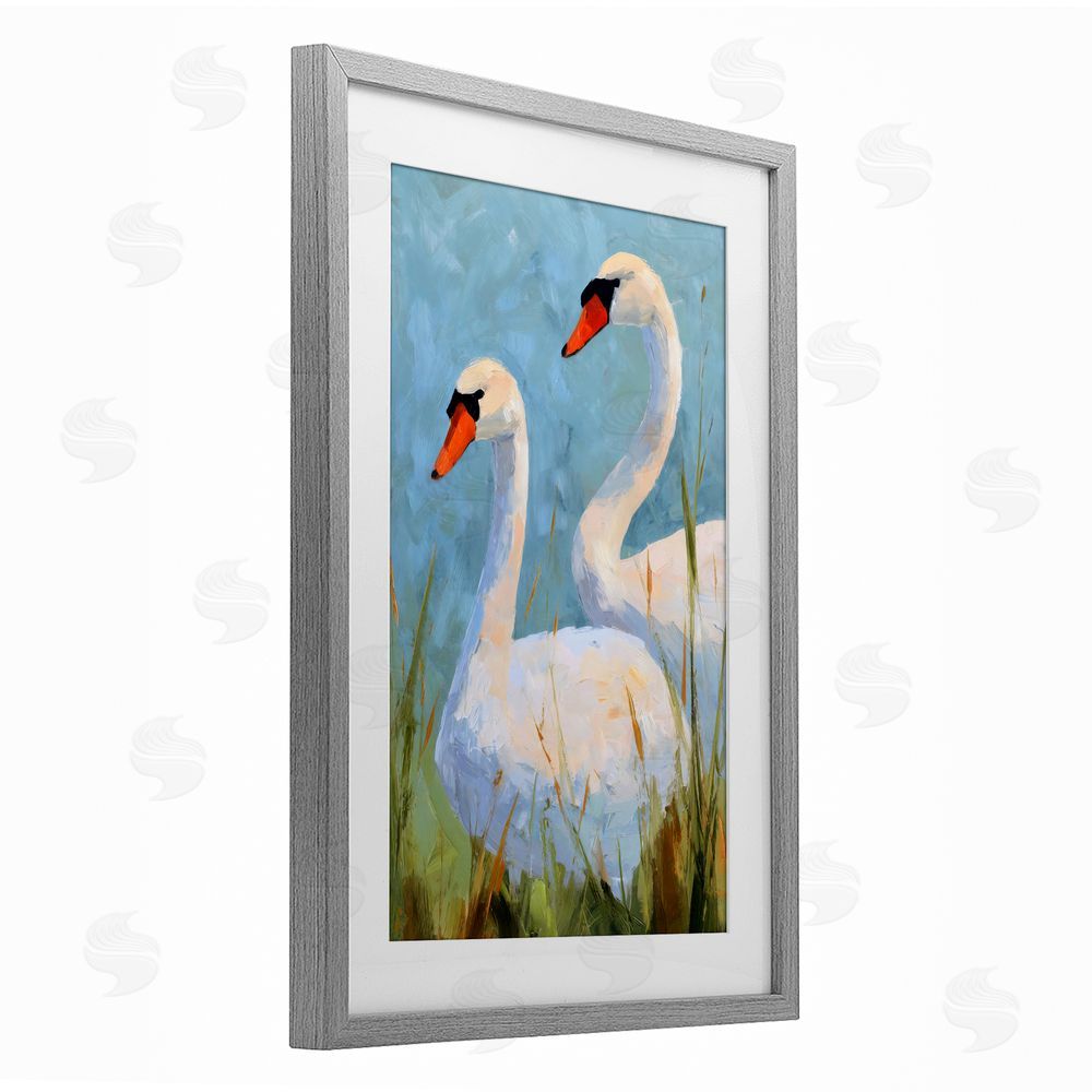 Petal Prints Design Long Necks Swan Pear Gray Framed Print Under Glass Wall Art
