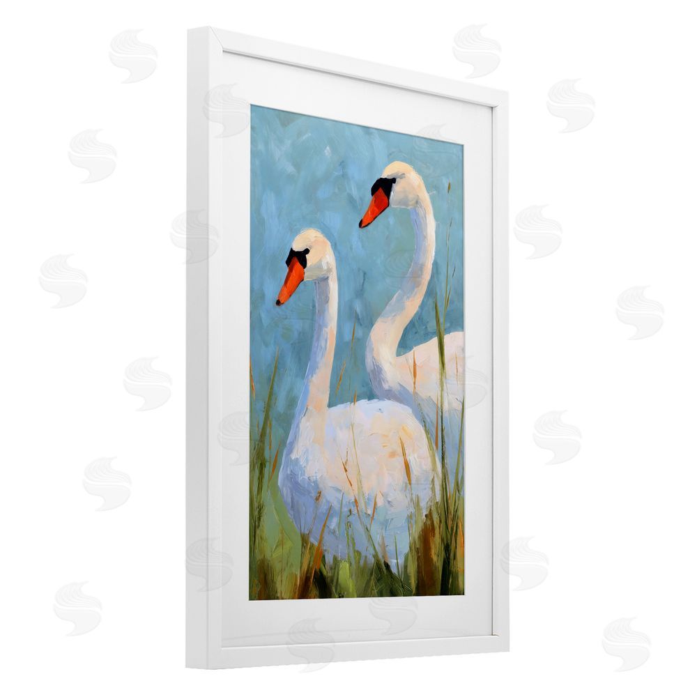 Petal Prints Design Long Necks Swan Pear White Framed Print Under Glass Wall Art