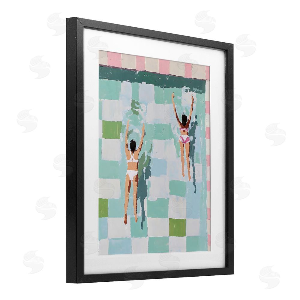 The Prints Vibe Twin Swimmers in Pool Black Framed Print Under Glass with White Mat Wall Art