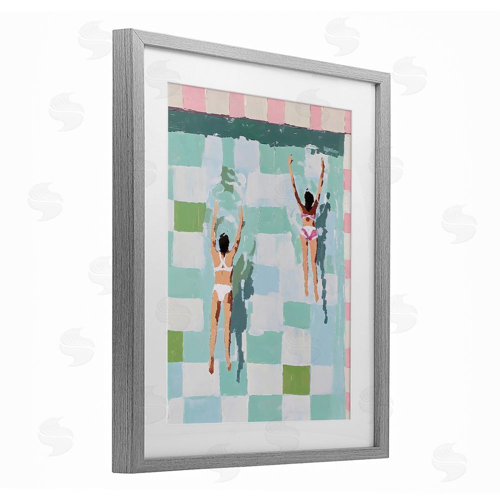 The Prints Vibe Twin Swimmers in Pool Gray Framed Print Under Glass with White Mat Wall Art