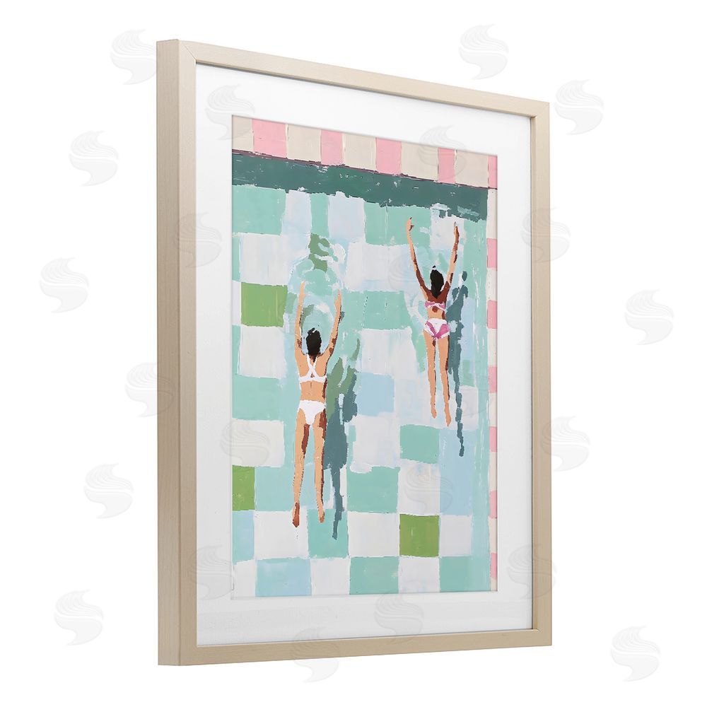 The Prints Vibe Twin Swimmers in Pool Brown Framed Print Under Glass with White Mat Wall Art