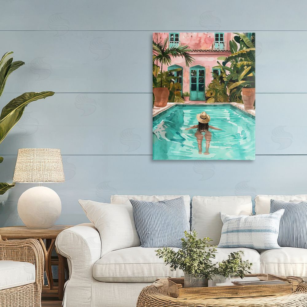 The Prints Vibe Girl Swimming In Pool Stretched Canvas Wall Art in Room