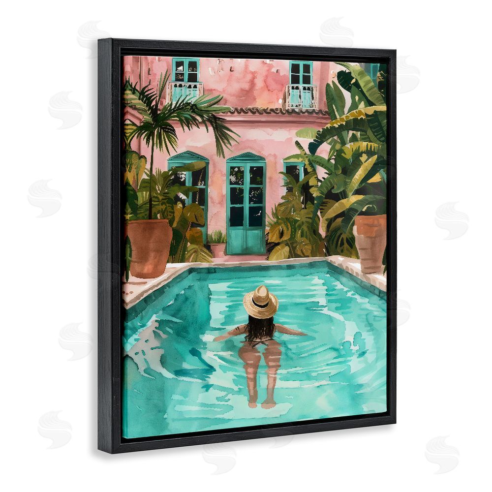 The Prints Vibe Girl Swimming In Pool Black Floating Framed Canvas Wall Art