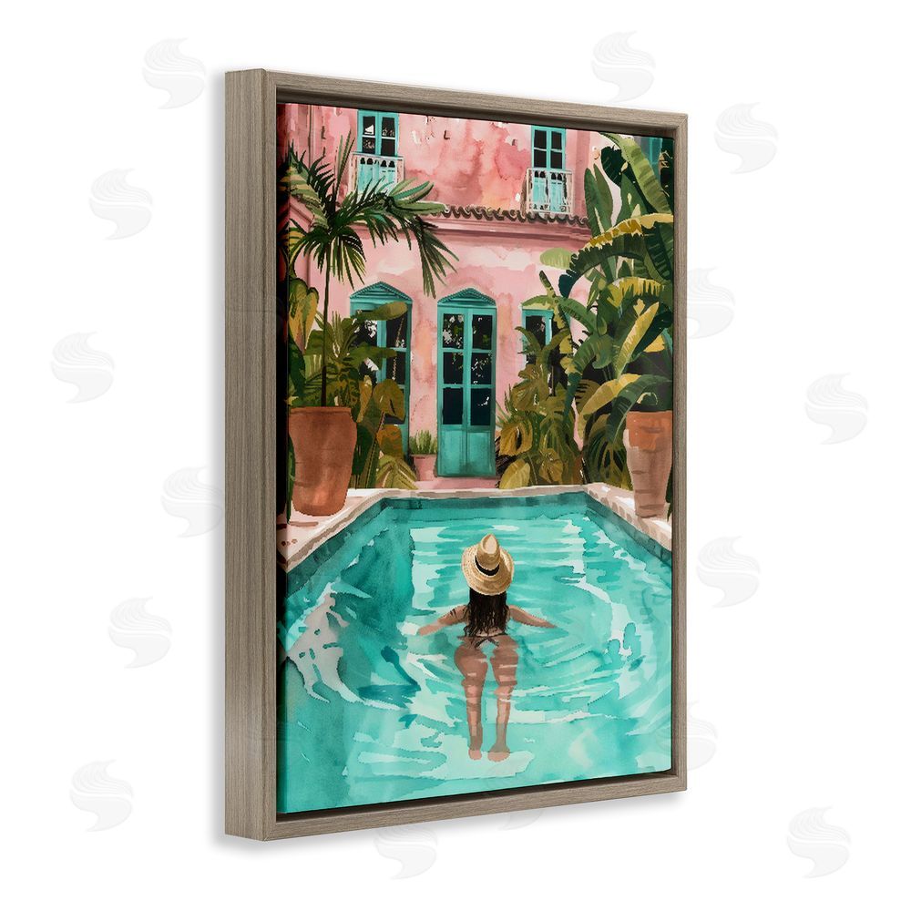 The Prints Vibe Girl Swimming In Pool Brown Floating Framed Canvas Wall Art