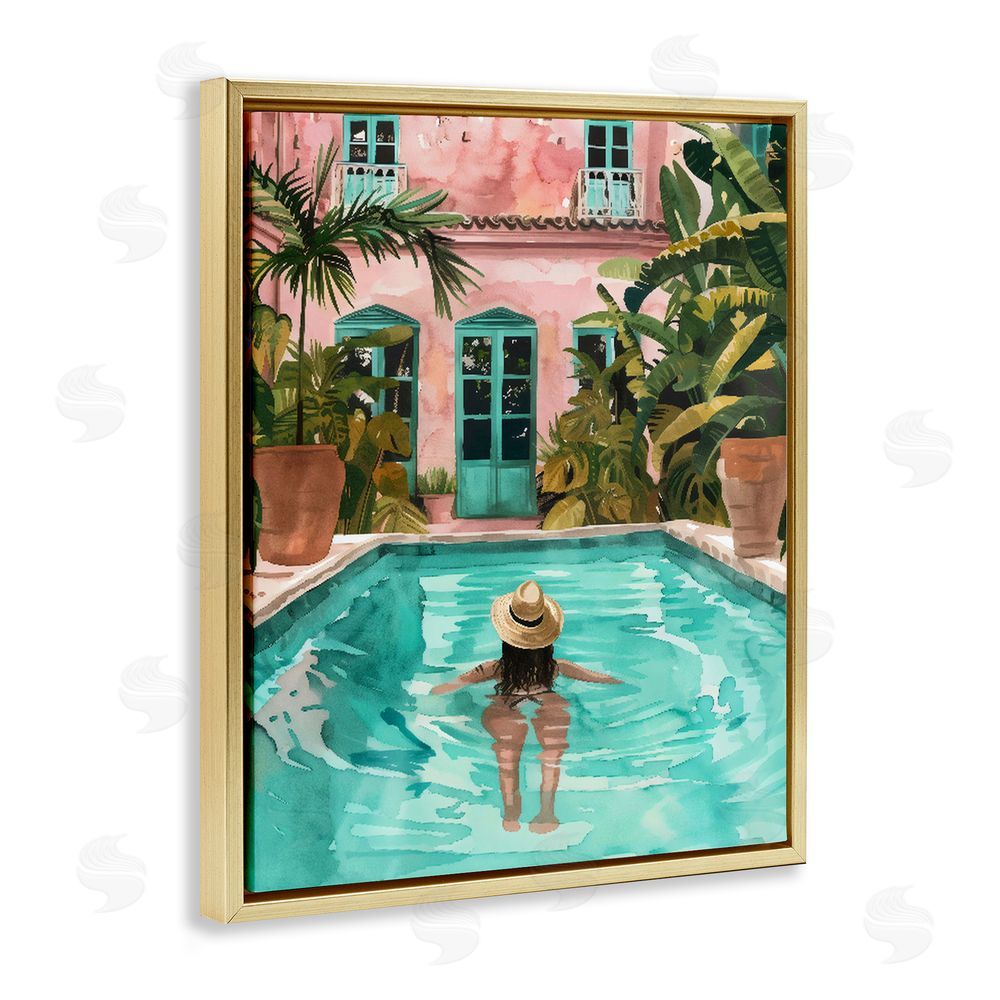 The Prints Vibe Girl Swimming In Pool Gold Floating Framed Canvas Wall Art