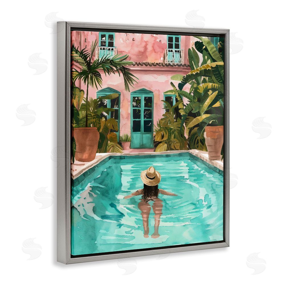 The Prints Vibe Girl Swimming In Pool Gray Floating Framed Canvas Wall Art