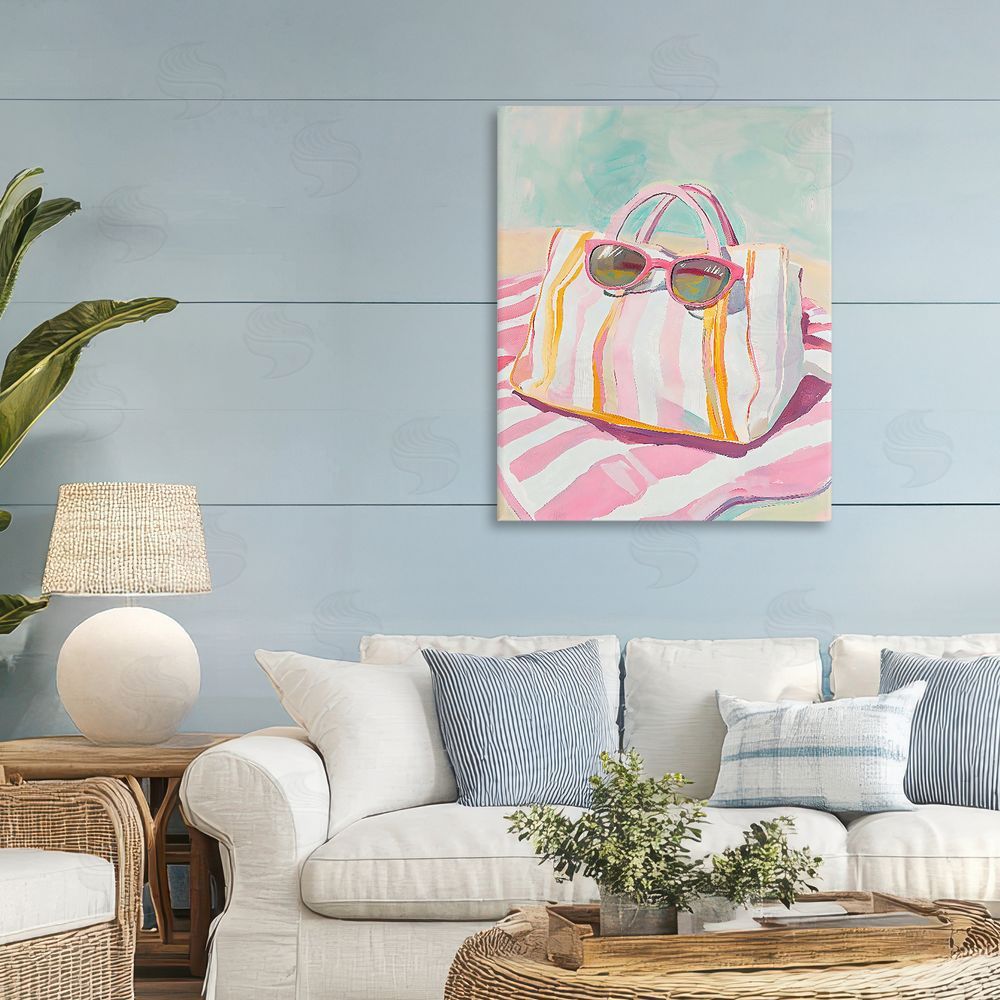 The Prints Vibe Beach Bag & Sunglasses Stretched Canvas Wall Art Print in Room