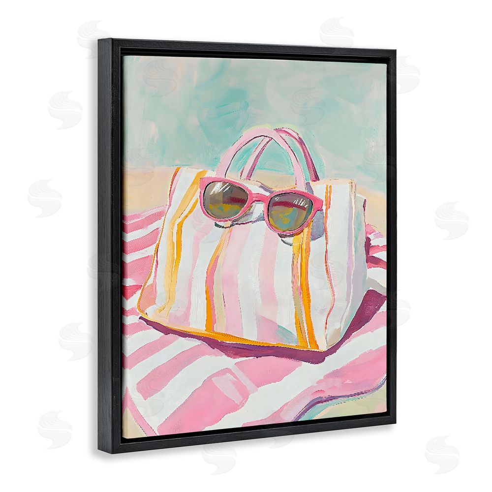 The Prints Vibe Beach Bag & Sunglasses Black Floating Frame Stretched Canvas Wall Art Print
