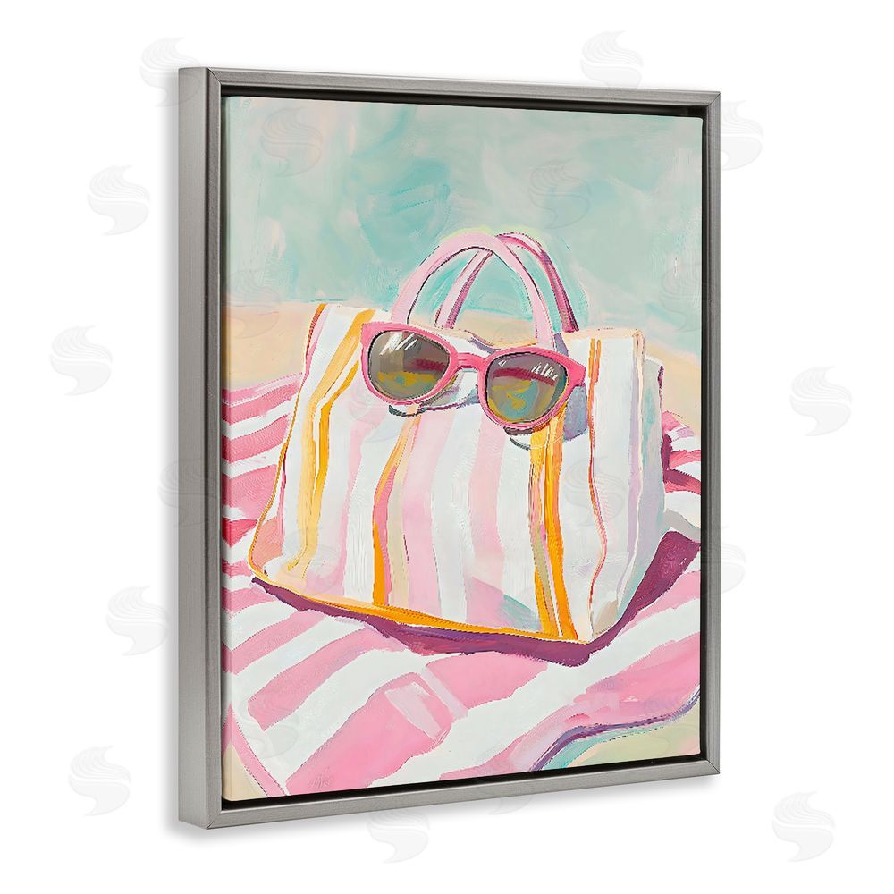 The Prints Vibe Beach Bag & Sunglasses Gray Floating Frame Stretched Canvas Wall Art Print