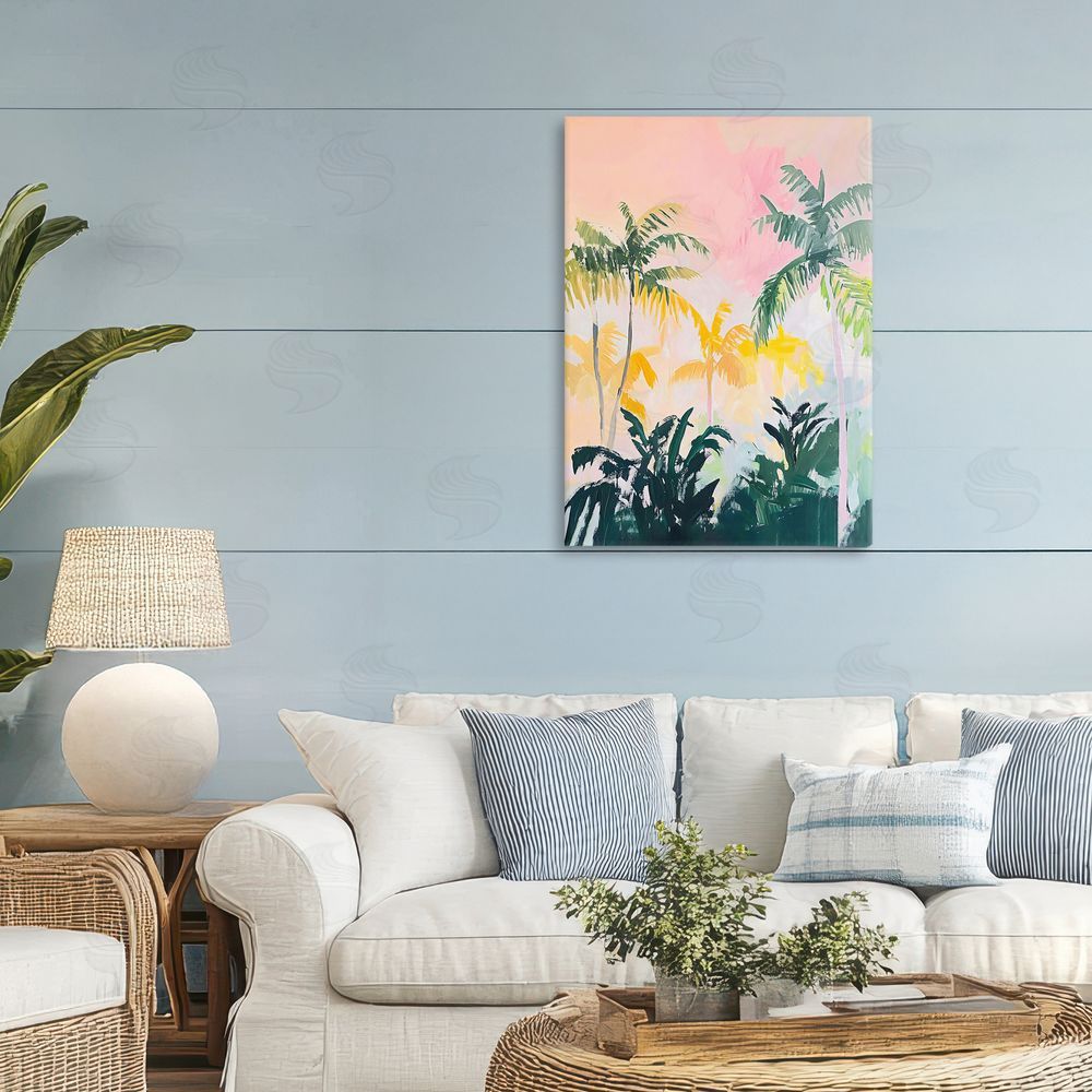 The Prints Vibe Pastel Palms in Morning Glow Stretched Canvas Wall Art in Room