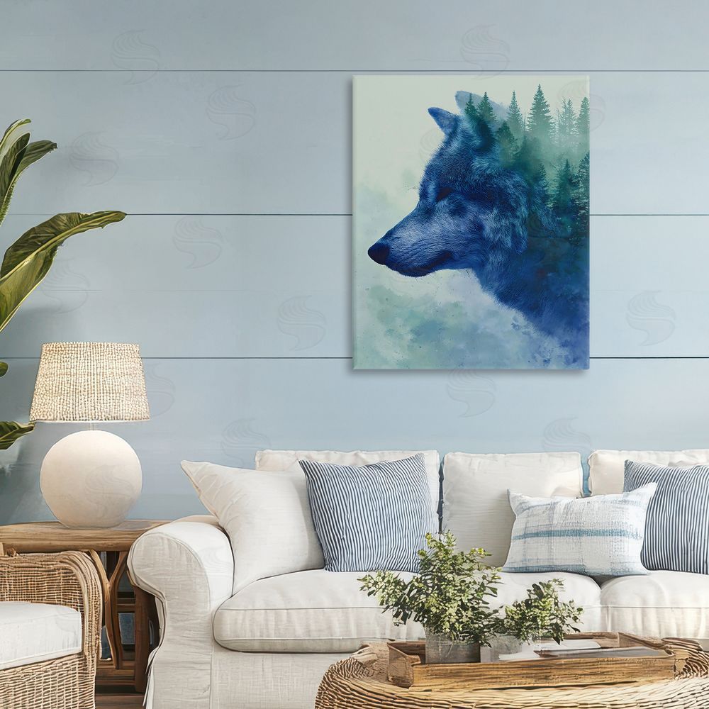 Franklyn Gregory Indigo Wolf in Misty Pines Stretched Canvas Wall Art in Room