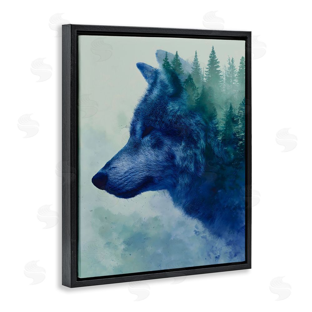 Franklyn Gregory Indigo Wolf in Misty Pines Black Floating Framed Canvas Wall Art