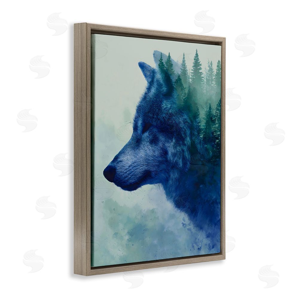 Franklyn Gregory Indigo Wolf in Misty Pines Brown Floating Framed Canvas Wall Art