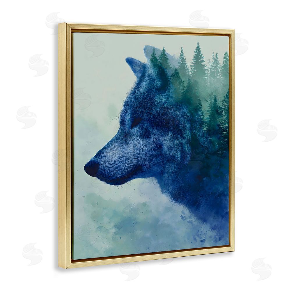 Franklyn Gregory Indigo Wolf in Misty Pines Gold Floating Framed Canvas Wall Art