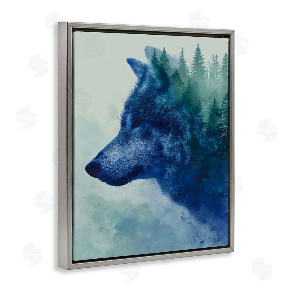 Franklyn Gregory Indigo Wolf in Misty Pines Gray Floating Framed Canvas Wall Art