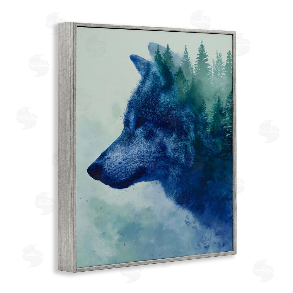 Franklyn Gregory Indigo Wolf in Misty Pines Gray Framed Giclee Wall Art