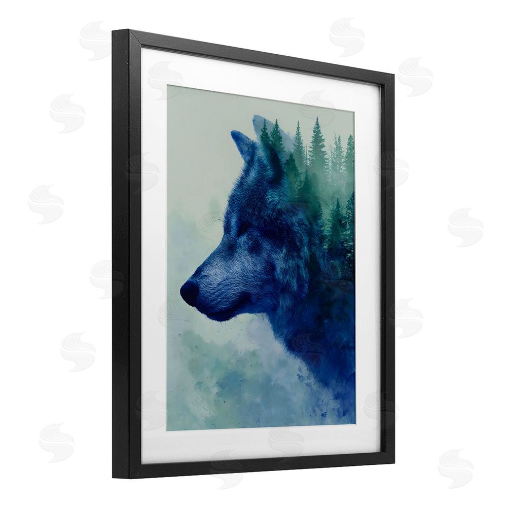 Franklyn Gregory Indigo Wolf in Misty Pines Black Framed Print Under Glass Wall Art