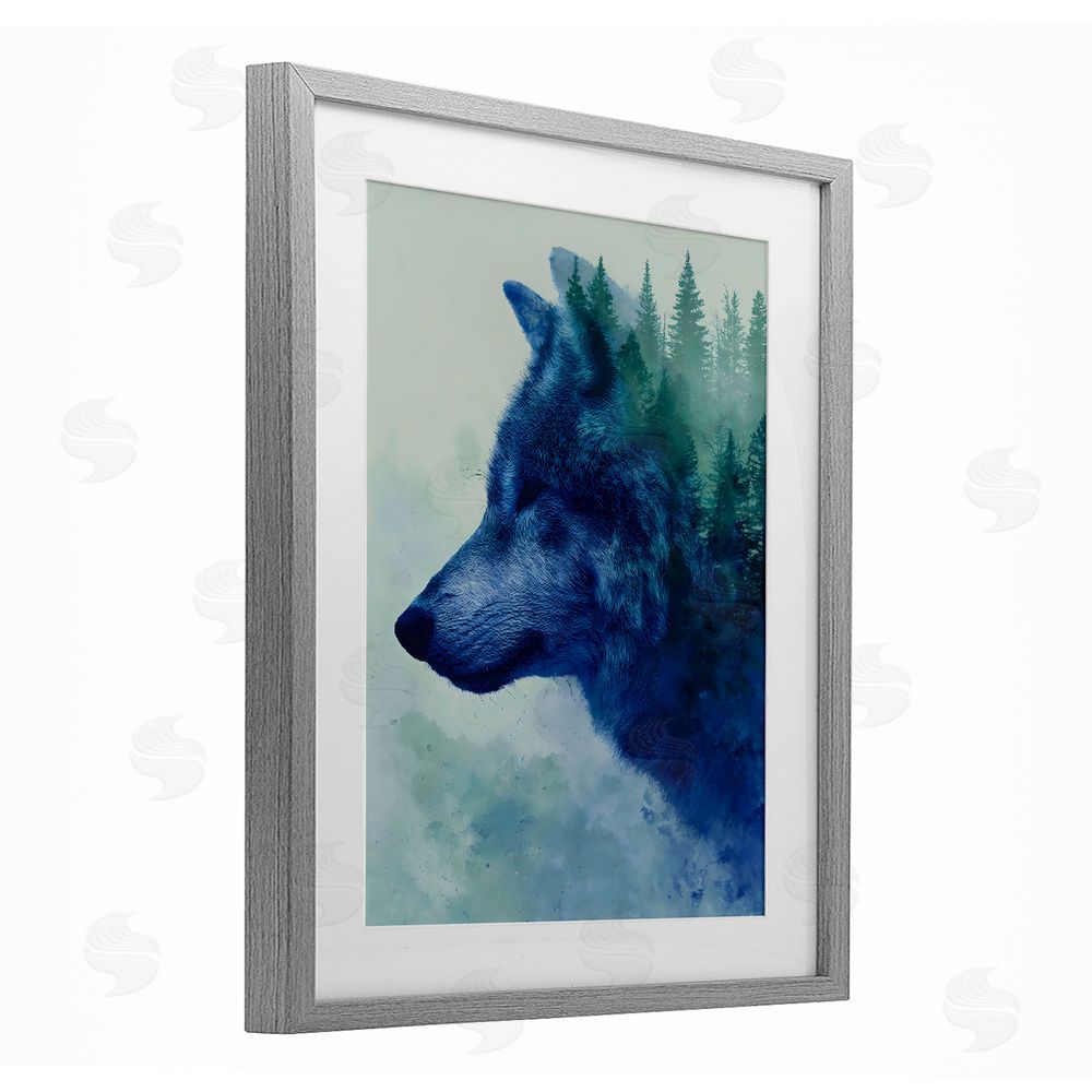 Franklyn Gregory Indigo Wolf in Misty Pines Gray Framed Print Under Glass Wall Art