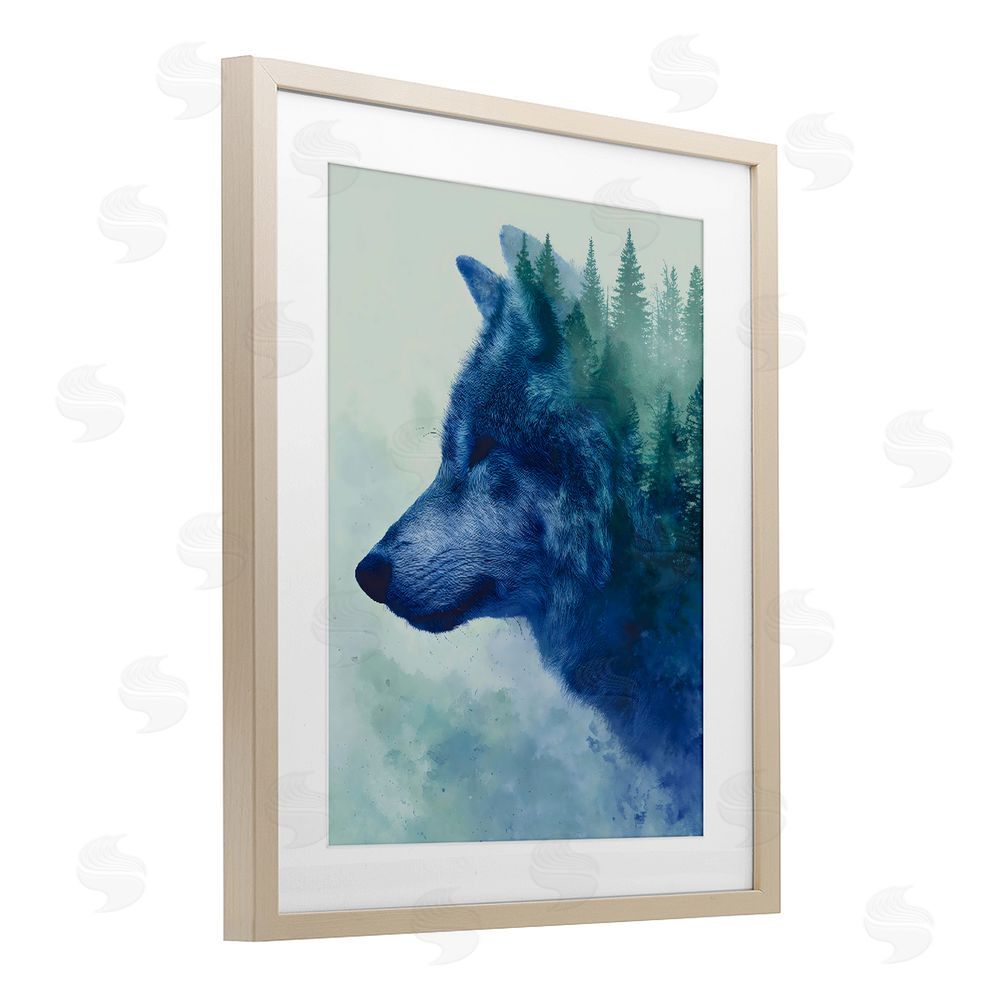 Franklyn Gregory Indigo Wolf in Misty Pines Brown Framed Print Under Glass Wall Art