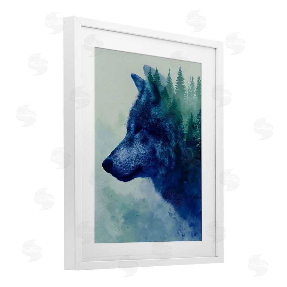 Franklyn Gregory Indigo Wolf in Misty Pines White Framed Print Under Glass Wall Art
