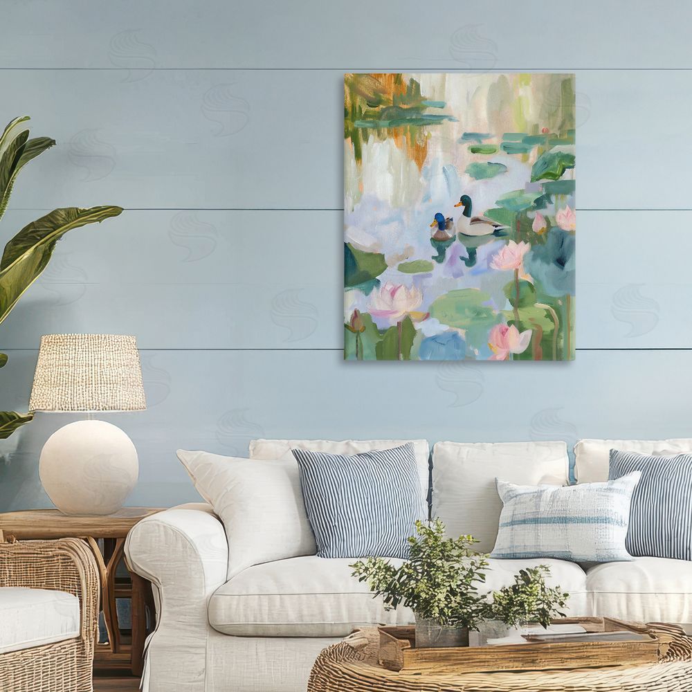 The Prints Vibe Duck Pond During Tranquil Morning Stretched Canvas Wall Art in Room