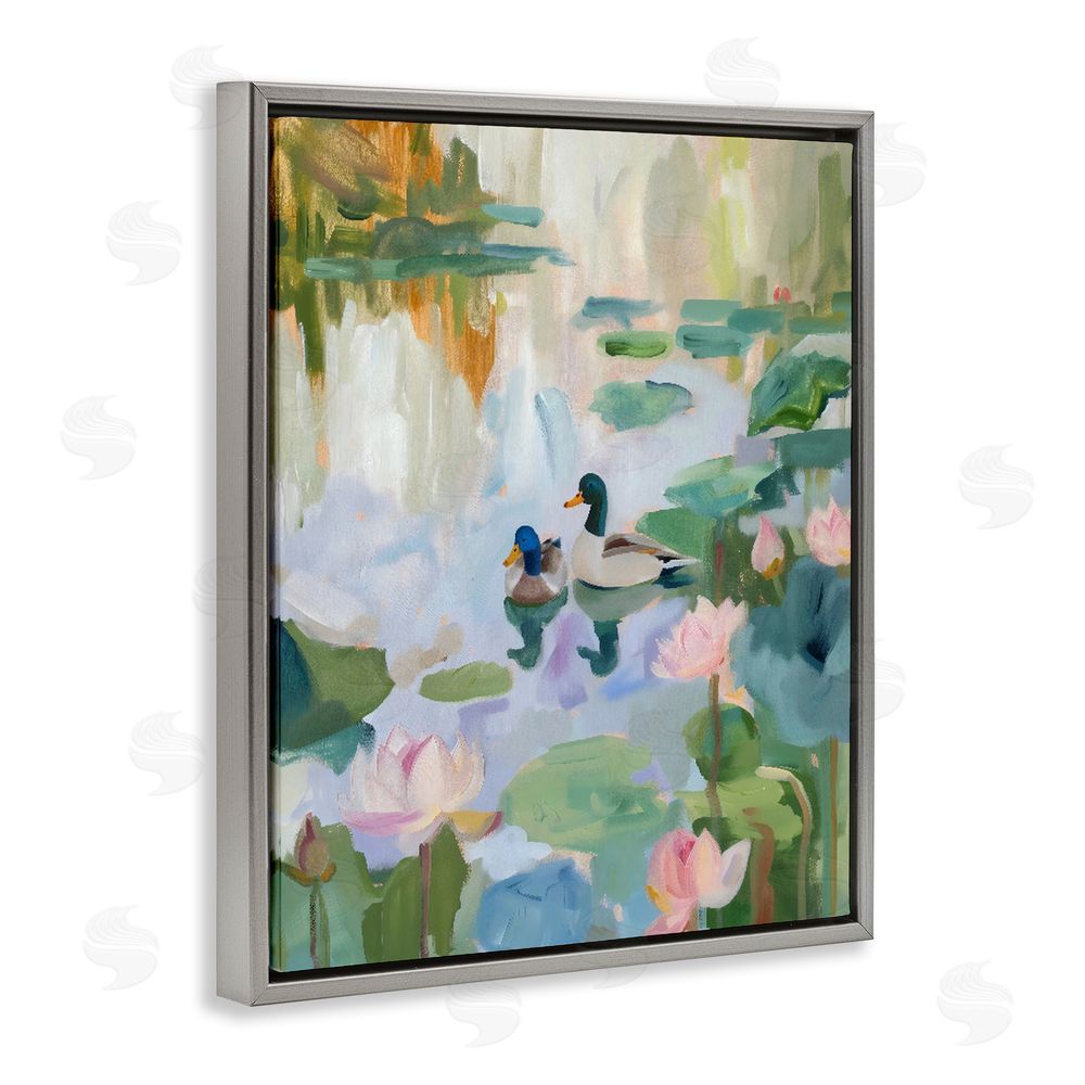 The Prints Vibe Duck Pond During Tranquil Morning Gray Floating Frame Canvas Wall Art Print