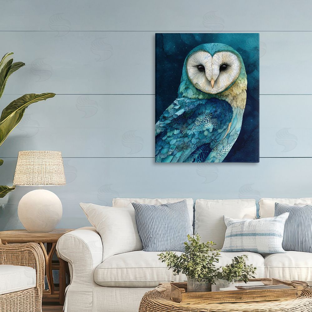 Franklyn Gregory Cerulean Blue Owl Stretched Canvas Wall Art Print in Room