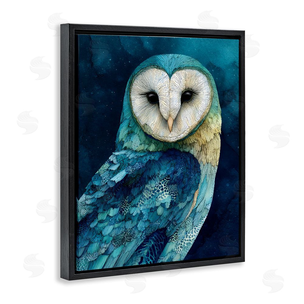 Franklyn Gregory Cerulean Blue Owl Black Floating Frame Stretched Canvas Wall Art Print