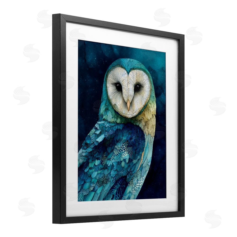 Franklyn Gregory Cerulean Blue Owl Black Framed Print Under Glass with Matting Wall Art