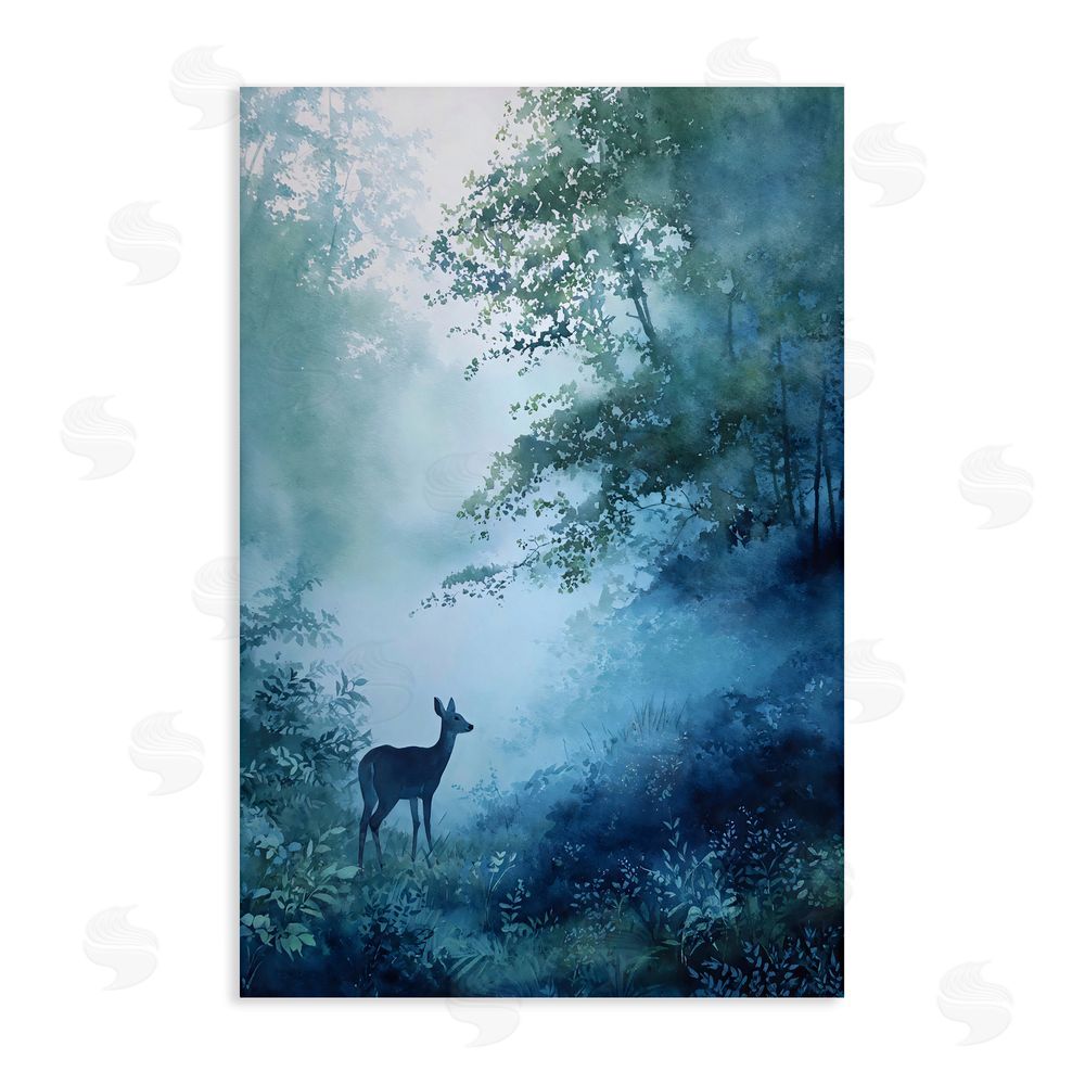 Franklyn Gregory Blue Dawn Deer in Mist Stretched Canvas Wall Art Print